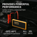 GOOLOO jump starter connected to car battery with red clamps; -20 to 60C operating temp, All Gas, 10L Diesel