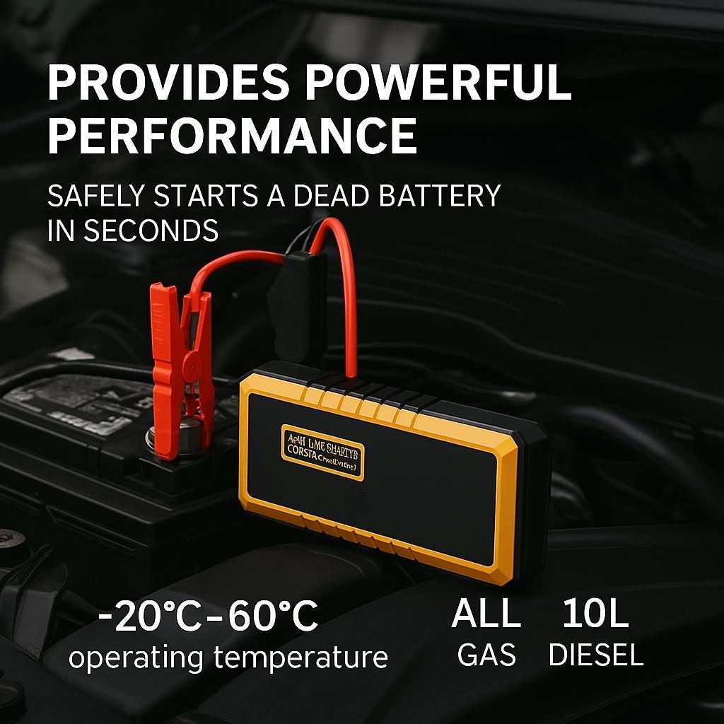GOOLOO jump starter connected to car battery with red clamps; -20 to 60C operating temp, All Gas, 10L Diesel