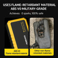 GOOLOO jump starter ABS V0 flame-retardant vs melted competitor unit; text: 0 sparks 100% safe, Military-Grade material