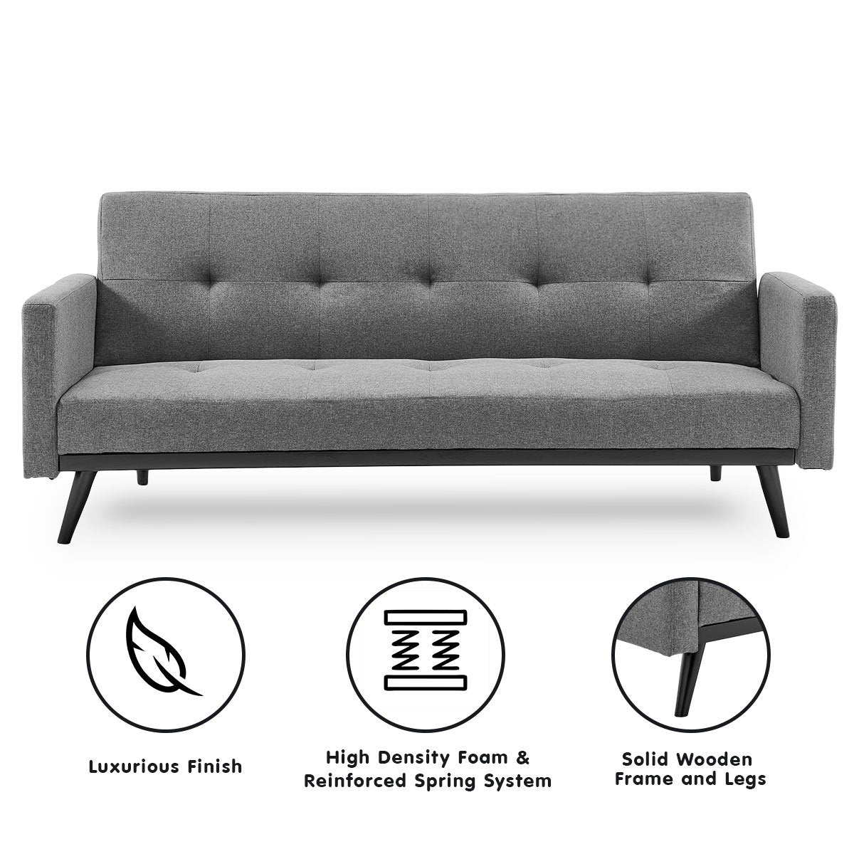 Gray sofa infographic showing icons for luxurious finish, high density foam spring system