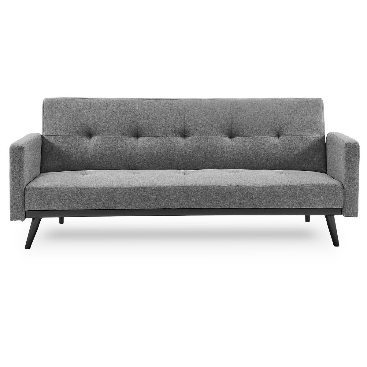 Gray linen sofa with button tufted backrest and black wooden legs on white background