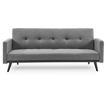 Gray linen sofa with button tufted backrest and black wooden legs on white background