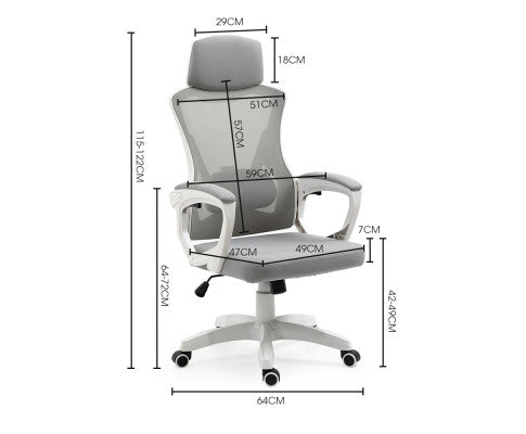 Gray mesh office chair dimensions diagram showing 64cm width, 115-122cm total height and 42-49cm seat height
