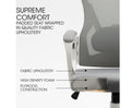 Office chair seat infographic with labels: fabric upholstery, high density foam, and plywood construction