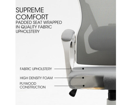 Office chair seat infographic with labels: fabric upholstery, high density foam, and plywood construction