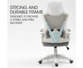 Gray mesh office chair front view with V-shaped white frame highlighted in blue, text reads strong and durable frame