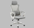 Gray mesh high-back ergonomic office chair with white frame and adjustable headrest, front angle view on gray background