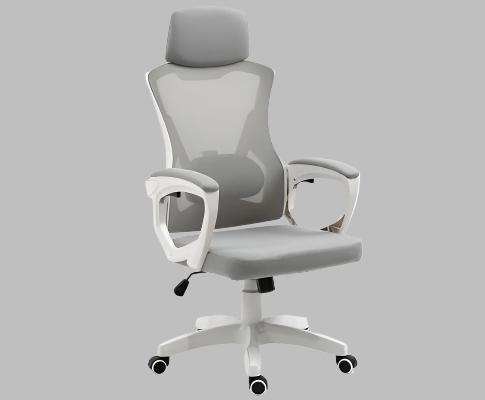 Gray mesh high-back ergonomic office chair with white frame and adjustable headrest, front angle view on gray background