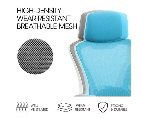 Mesh office chair back infographic showing high-density breathable mesh, well-ventilated, wear-resistant and strong