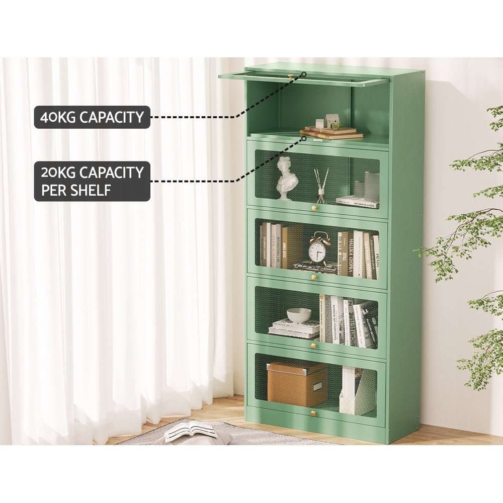 Green 5-door display cabinet open in room with capacity labels: 40KG top, 20KG per shelf, with books and clocks