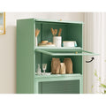 Interior of green 5-door barrister cabinet with top drop-front door open, utensils and bread box inside