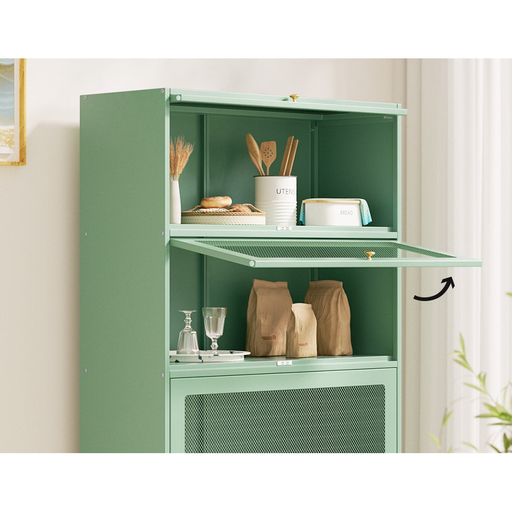 Interior of green 5-door barrister cabinet with top drop-front door open, utensils and bread box inside