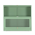 Green 5-door barrister display cabinet with top drop-front door open, lower mesh doors closed, white background