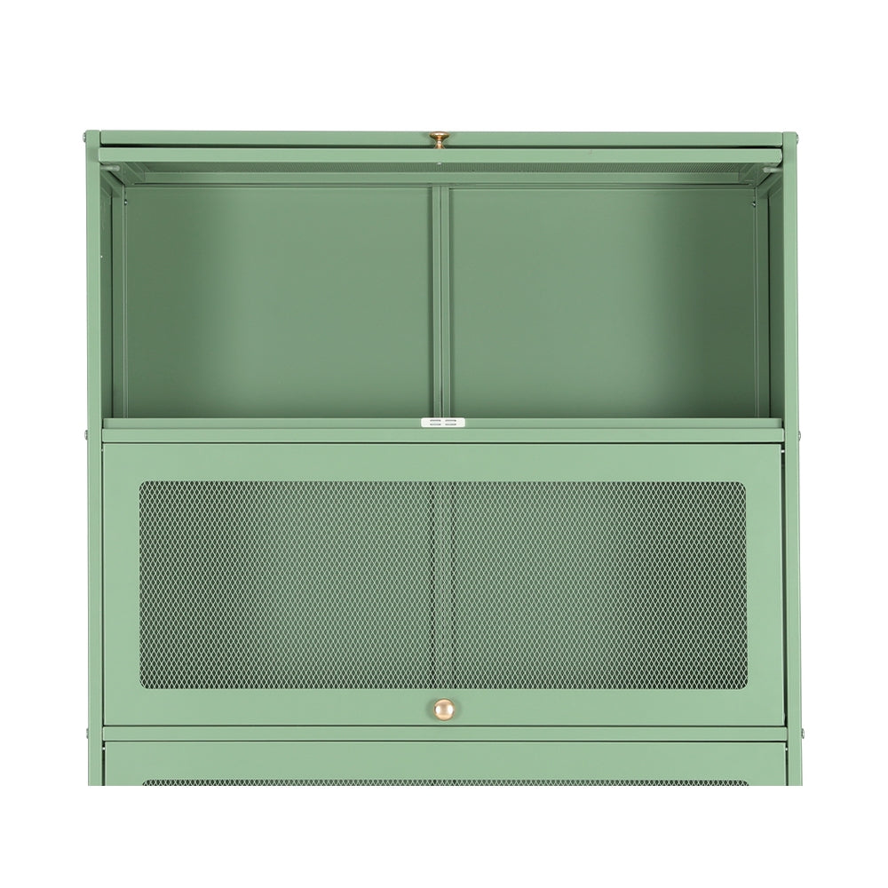 Green 5-door barrister display cabinet with top drop-front door open, lower mesh doors closed, white background