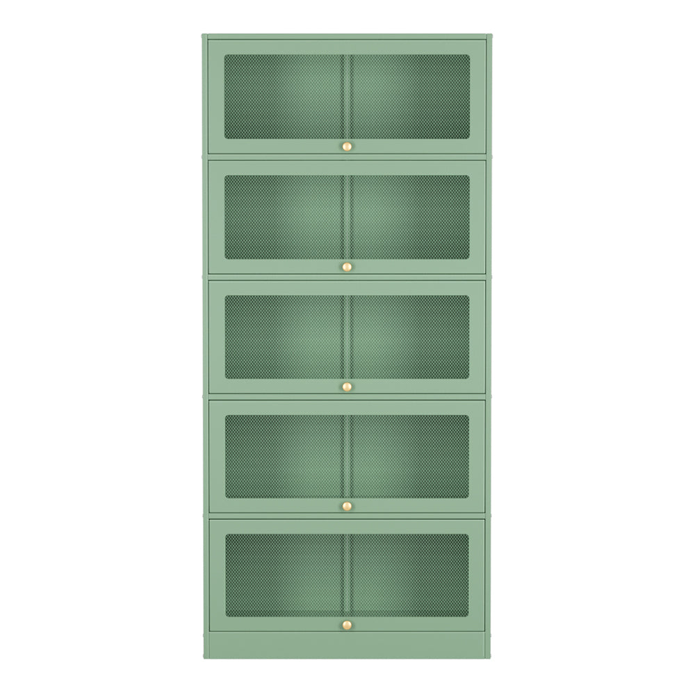 Green metal 5-door barrister display cabinet with mesh panels, closed, on white background