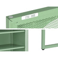 Green metal sideboard detail: magnetic door latch and ventilation slots on top, adjustable shelf pin holes inside, metal leg