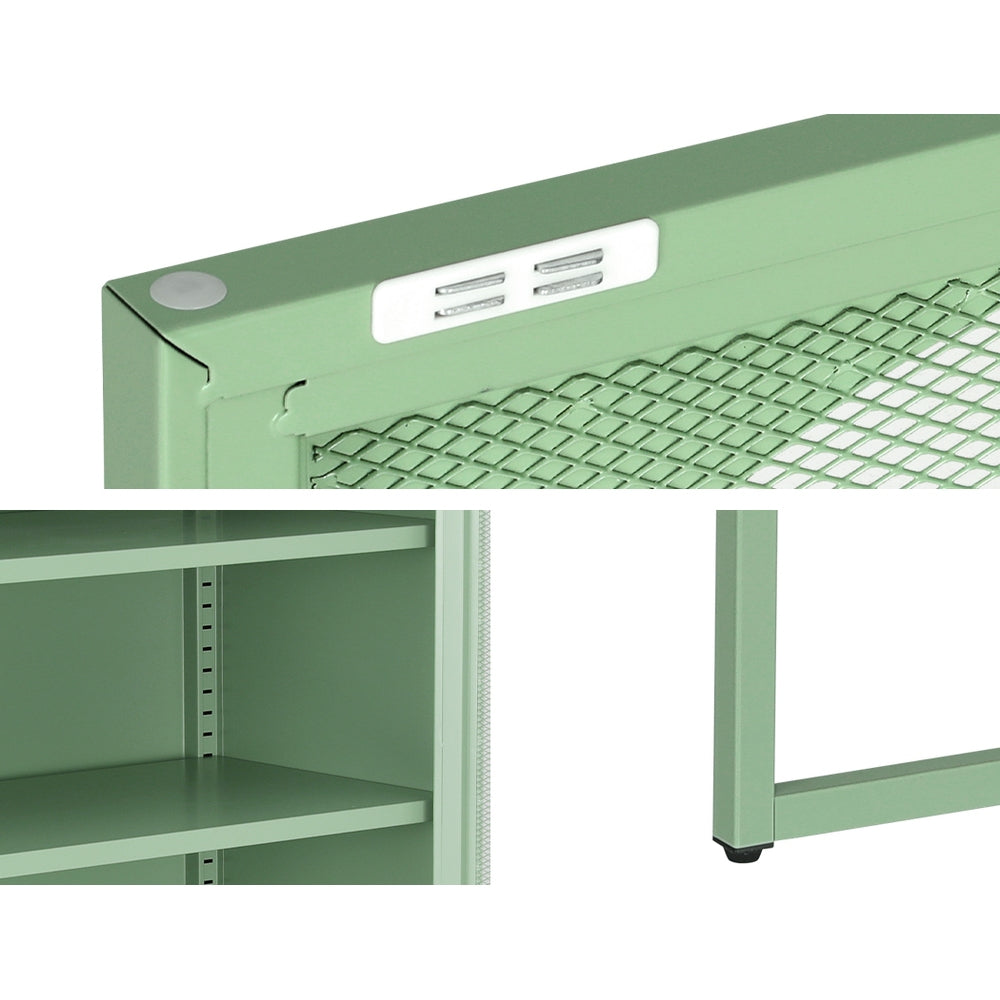 Green metal sideboard detail: magnetic door latch and ventilation slots on top, adjustable shelf pin holes inside, metal leg