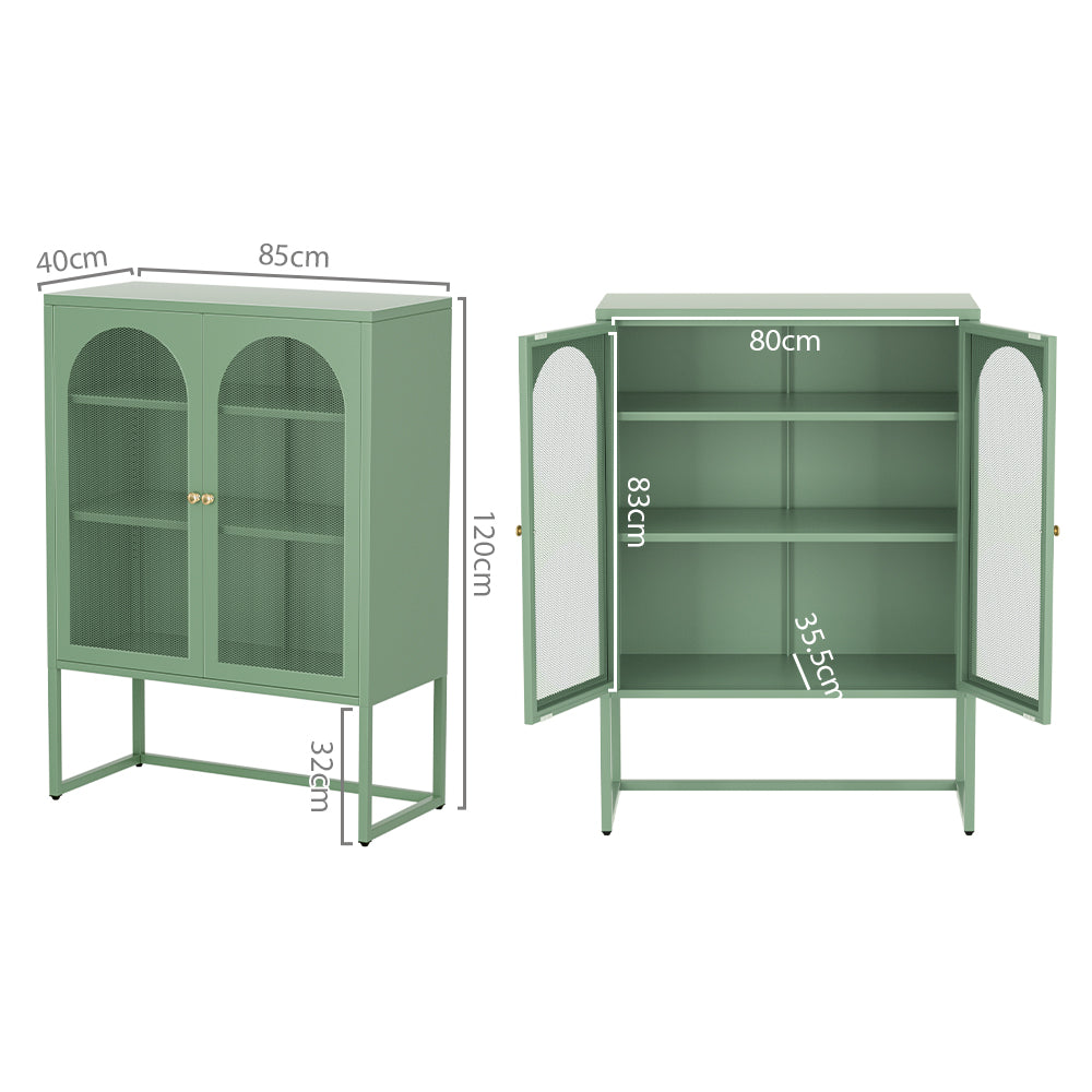 Green arched mesh sideboard dimensions: 85cm wide, 40cm deep, 120cm tall; interior 80cm wide, 83cm tall, shelves 35.5cm