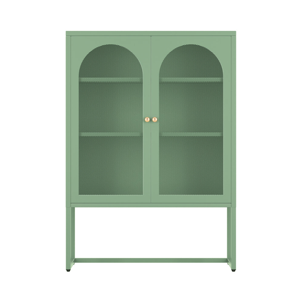 Sage green metal sideboard with two arched mesh door panels and gold round knobs, direct front view on white background