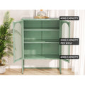 Green arched metal sideboard open in room; top 40kg, shelves 20kg each, base 40kg capacity; palm plant beside