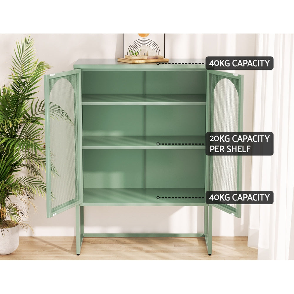 Green arched metal sideboard open in room; top 40kg, shelves 20kg each, base 40kg capacity; palm plant beside