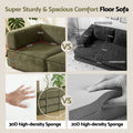 Green corduroy folding sofa bed comparison infographic showing 30D high-density sponge and deep seat dimensions vs competitor