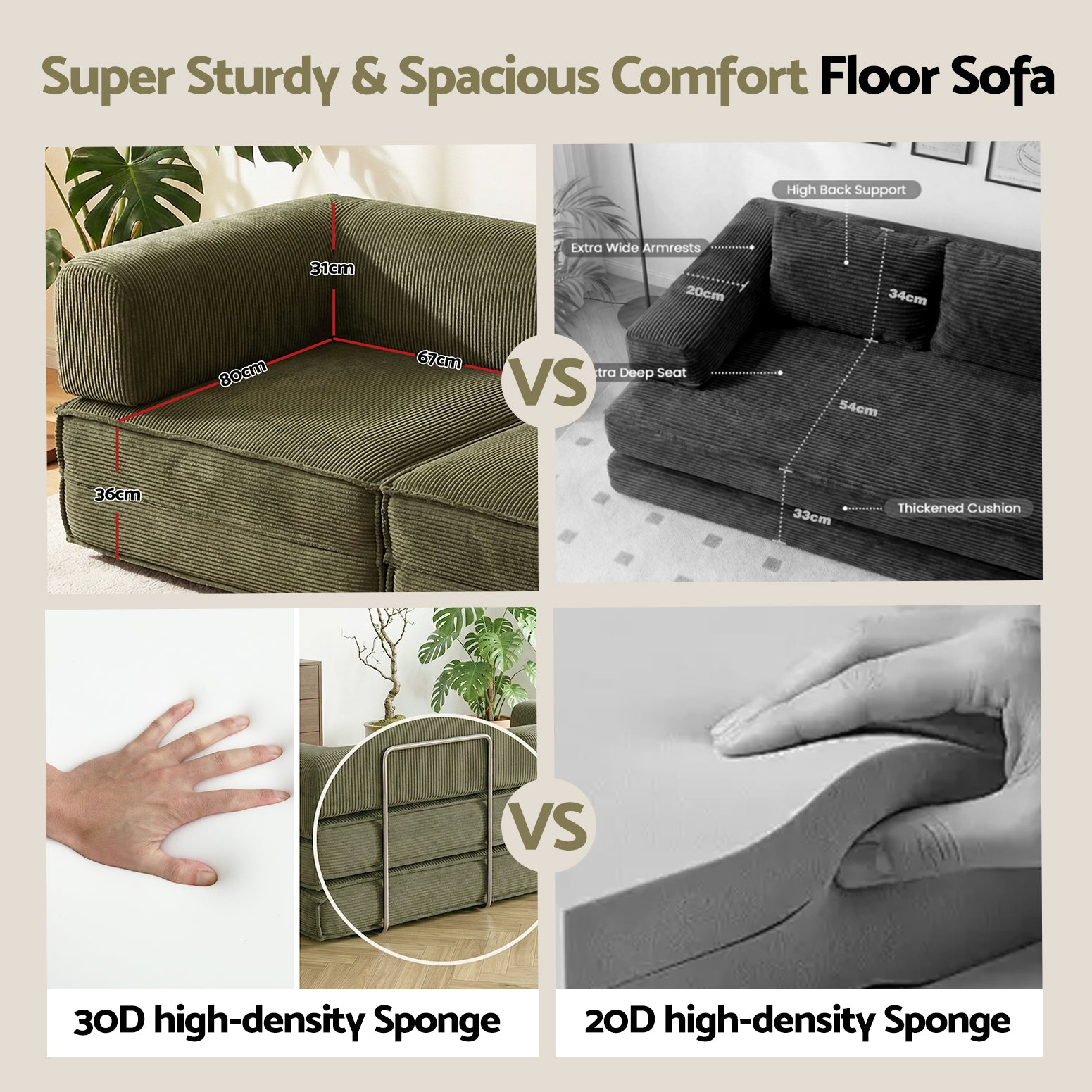 Green corduroy folding sofa bed comparison infographic showing 30D high-density sponge and deep seat dimensions vs competitor