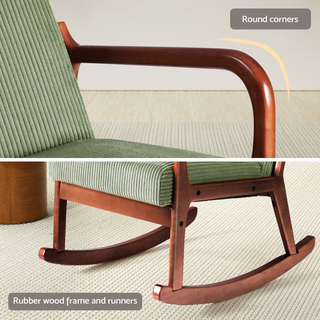 Green corduroy rocking chair detail panels: "Round corners" armrest close-up above; "Rubber wood frame and runners" base view