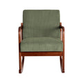 Green corduroy rocking chair front view with dark wood frame and curved rocker base on white background