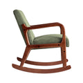 Green corduroy rocking chair side view showing curved wood rocker base, open armrest frame construction and reclined back
