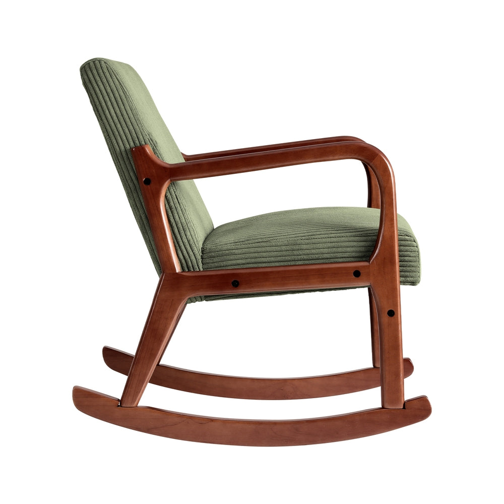 Green corduroy rocking chair side view showing curved wood rocker base, open armrest frame construction and reclined back