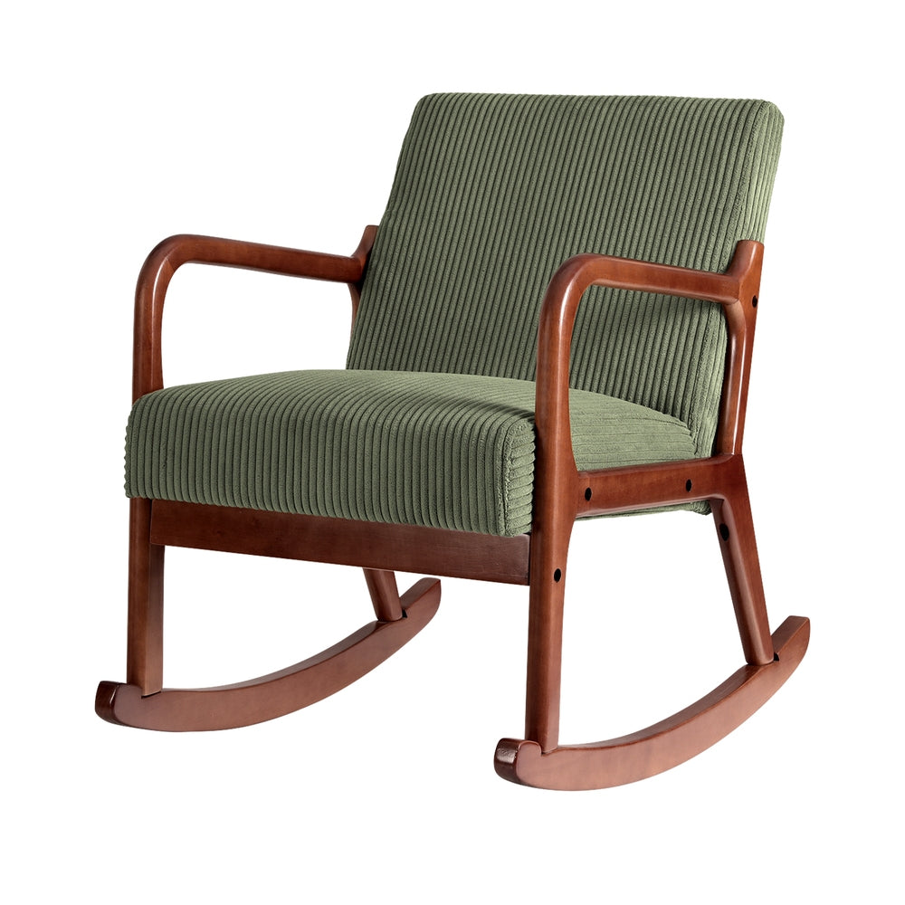 Green corduroy rocking chair with solid wood armrests and curved rocker base, three-quarter view on white background