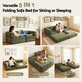 Five-panel collage of green corduroy sofa bed: sofa, sofa bed, convertible sofa, convertible sofa bed and lounger modes