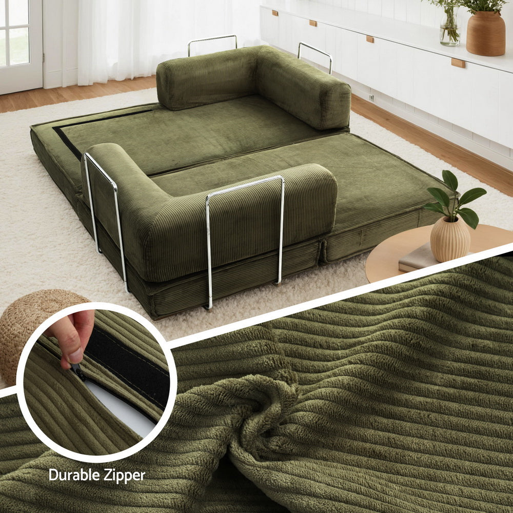 Green corduroy sofa bed in living room above; close-up of corduroy fabric texture and zipper inset; text "Durable Zipper"