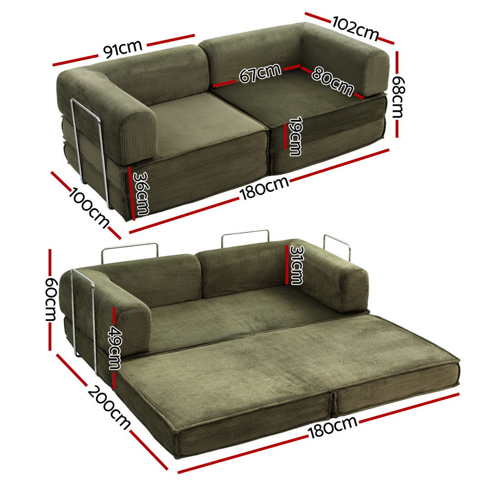 Folding sofa bed dimensions: sofa mode 180×102cm 68cm tall; bed mode 200×180cm; green corduroy