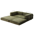 Green corduroy folding sofa bed extended: three-section mattress, back cushions and chrome handles, white background