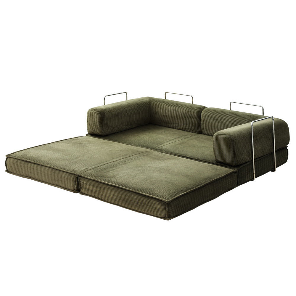 Green corduroy folding sofa bed extended: three-section mattress, back cushions and chrome handles, white background