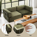 Green corduroy folding sofa in living room; feature insets: flexible chrome handles, elegant corner detail, soft foam