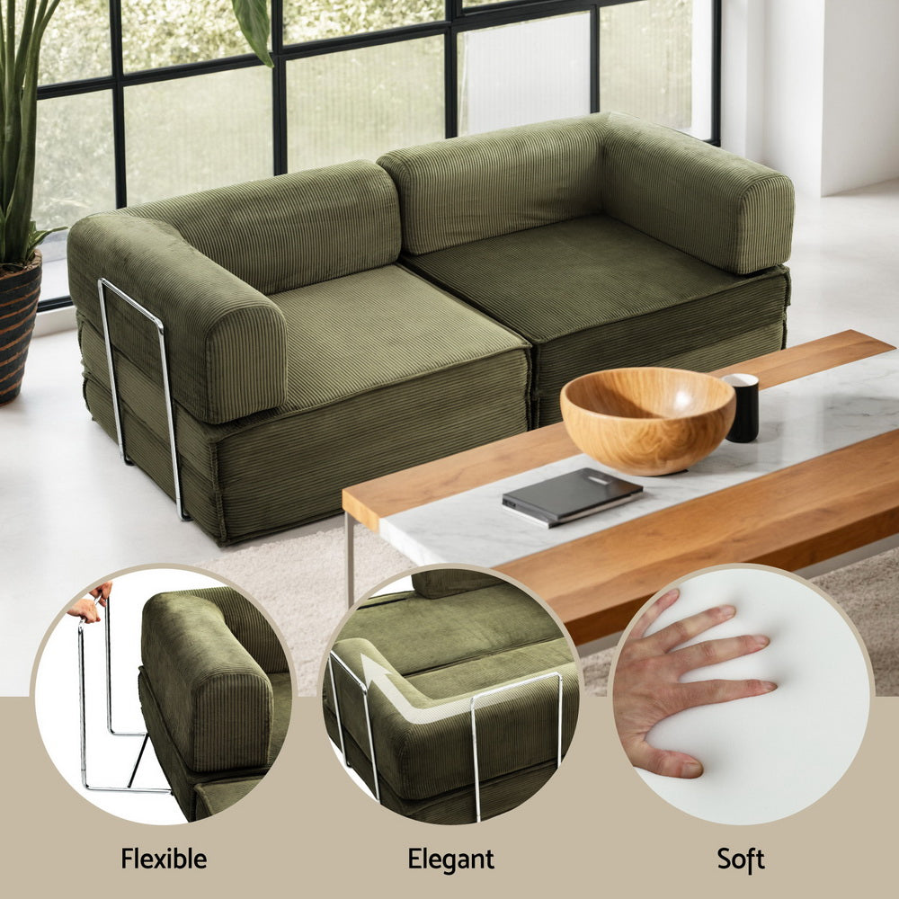 Green corduroy folding sofa in living room; feature insets: flexible chrome handles, elegant corner detail, soft foam