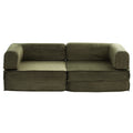 Green corduroy folding 2-seater sofa in sofa mode, front view with padded armrests and corduroy upholstery, white background