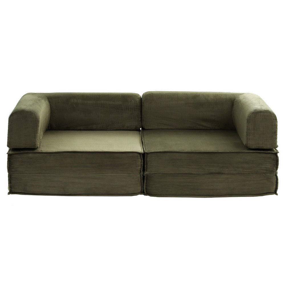 Green corduroy folding 2-seater sofa in sofa mode, front view with padded armrests and corduroy upholstery, white background