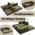 Folding sofa bed in three configurations: bed, sofa and lounger mode; text 