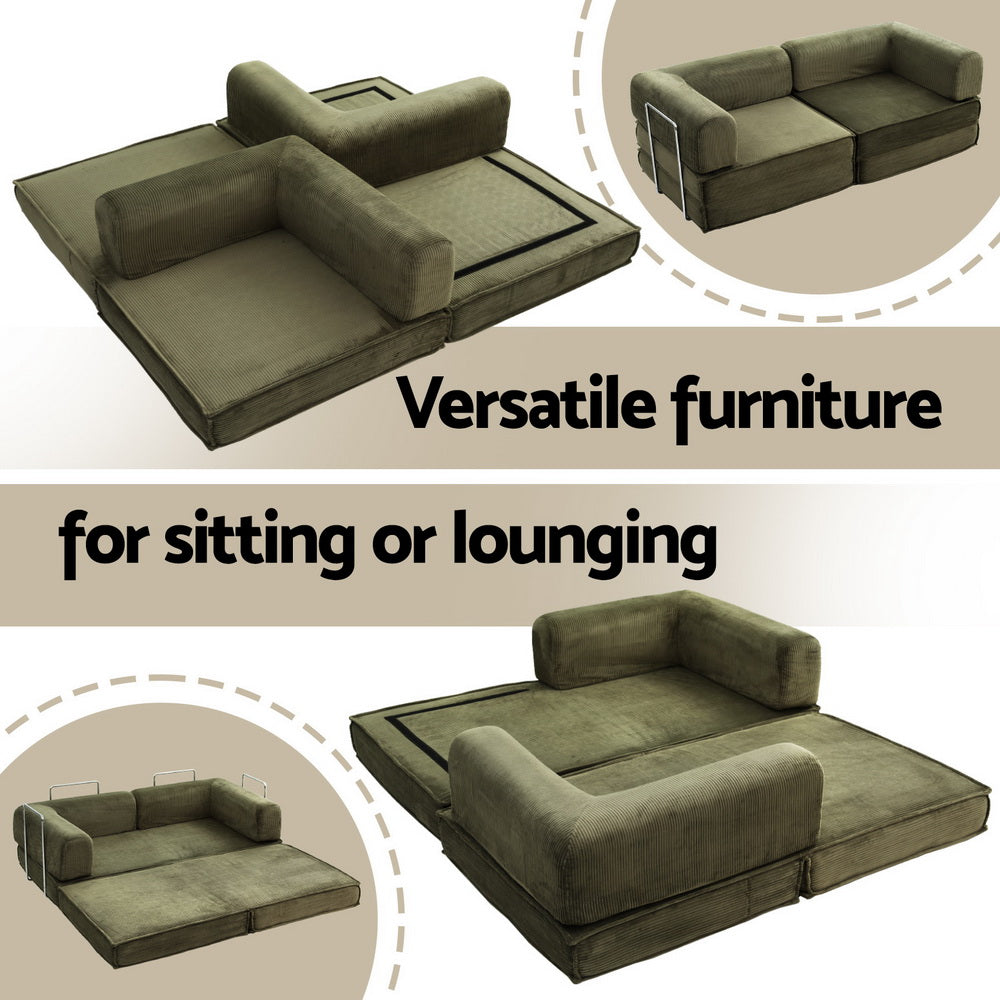 Folding sofa bed in three configurations: bed, sofa and lounger mode; text "Versatile furniture for sitting or lounging"