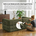 Green corduroy sofa bed with woman unfolding it; inset steel frame detail; text 