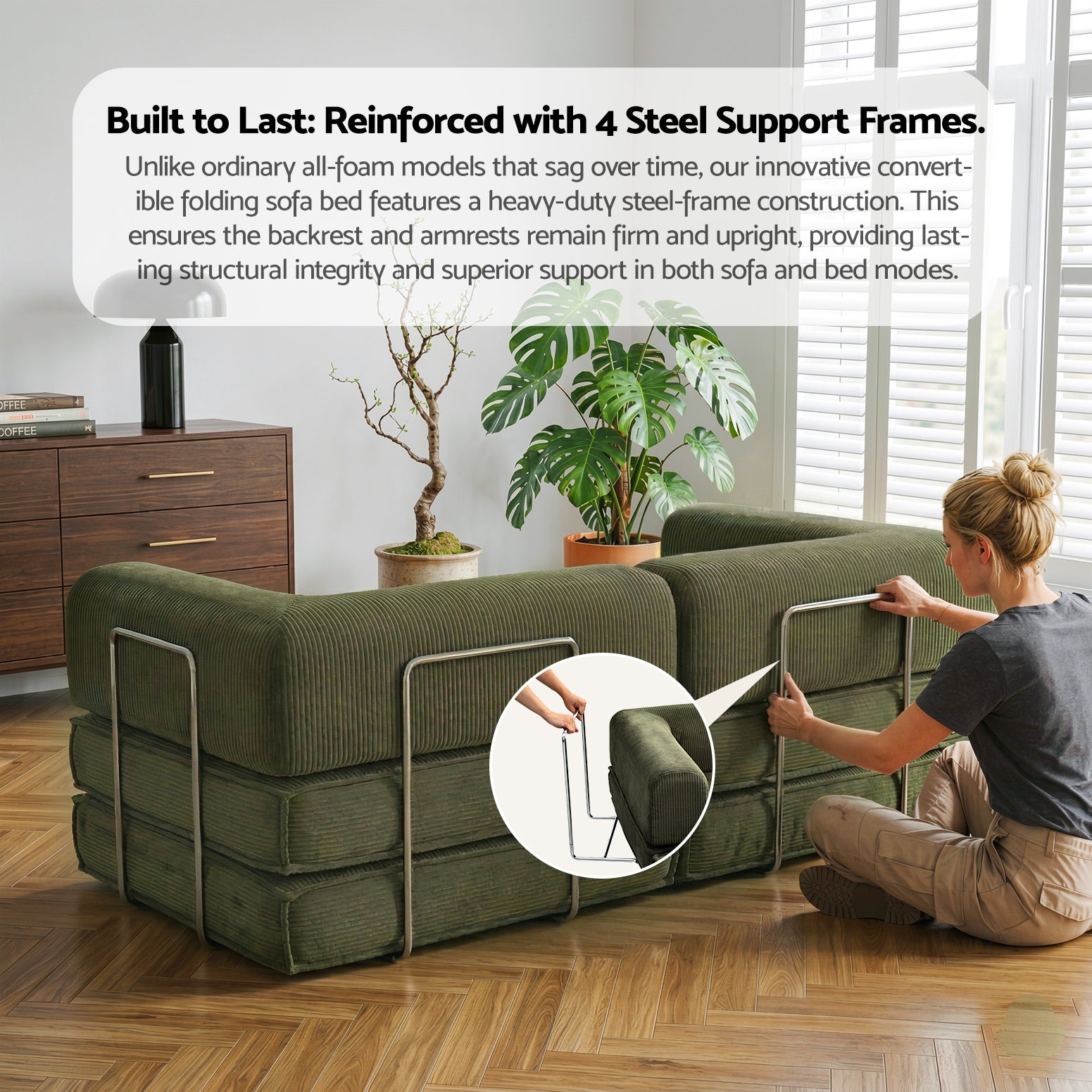 Green corduroy sofa bed with woman unfolding it; inset steel frame detail; text "Built to Last: 4 Steel Support Frames"