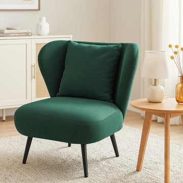 Dimensions of green corduroy wingback accent chair: 75W 75H cm, seat 62cm, depth 71cm, 54cm back, 18cm seat height, 20cm legs