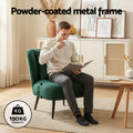 Green corduroy wingback chair in room, detail insets: removable throw pillow, wing backrest, powder-coated metal legs