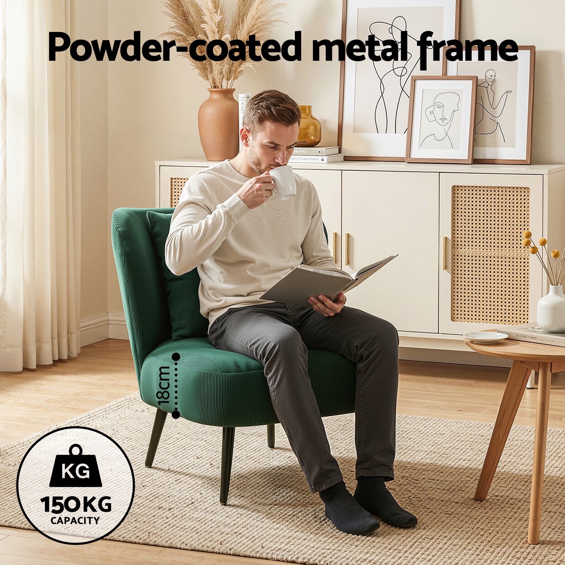 Green corduroy wingback chair in room, detail insets: removable throw pillow, wing backrest, powder-coated metal legs