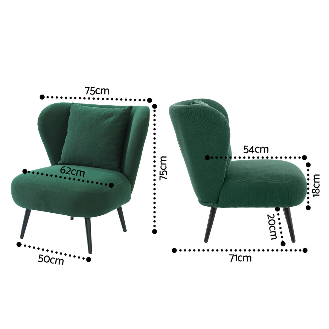 Dimensions of green corduroy wingback accent chair: 75W 75H cm, seat 62cm, depth 71cm, 54cm back, 18cm seat height, 20cm legs