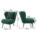 Dark green corduroy wingback accent chair with cushion, curved sides and black tapered legs, front view on white background